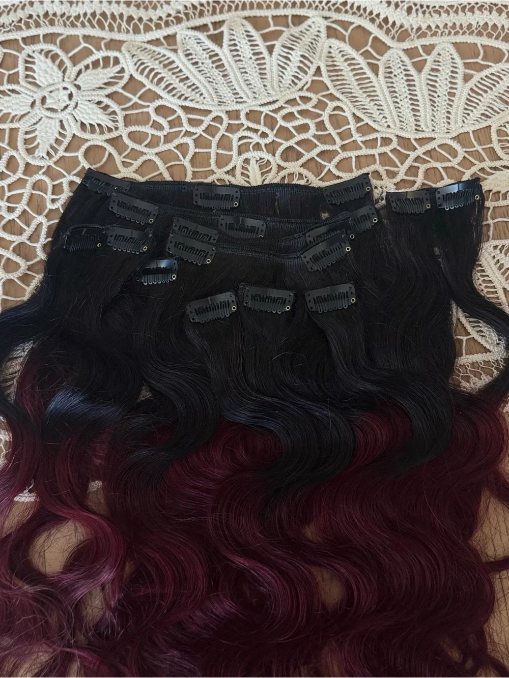 18” 100% Human Hair Clip-In Extensions Black‎ to Burgundy Ombre Body Wave Set